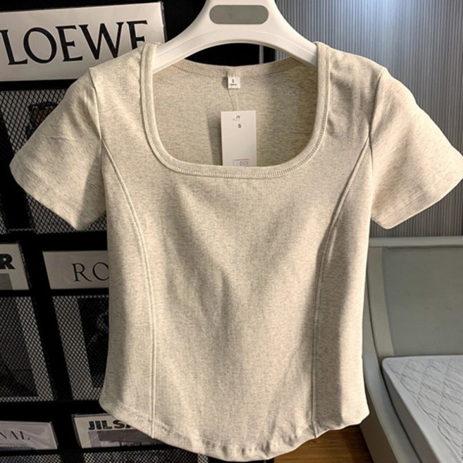 유니온 여성 여름 스퀘어넥 무지 반팔티셔츠