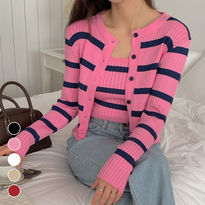 메이리앤 스트라이프 니트 나시 가디건 투피스 세트 5종