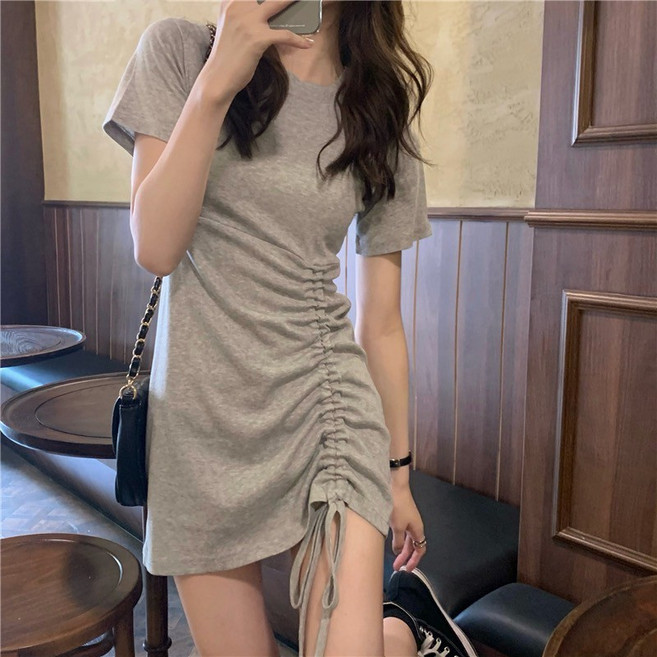 中大尺碼韓版設計抽繩短袖連身裙 修身包臀洋裝