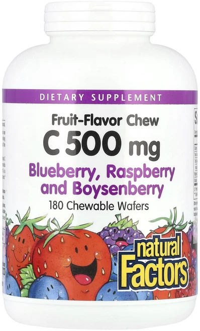 Natural Factors 과일 맛 츄 비타민C 블루베리 라즈베리 보이젠베리 500mg 츄어블 웨이퍼 180개, 180정, 1개 - 쿠팡