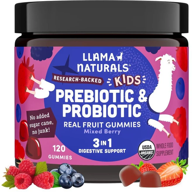 Llama Naturals 프리바이오틱 섬유가 함유된 프로바이오틱스 비건 프리바이오틱스 젤리 장 지원 유아용 진짜 과일 사탕수수 무첨가 믹스 베리 60개입 [호환], 120 Count (Pack of 1), 1개 - 쿠팡