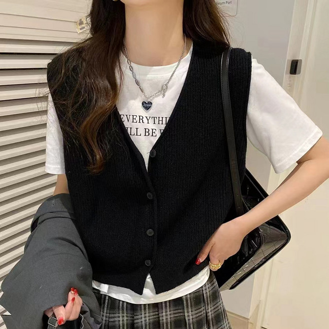 스타일리시한 브이넥 조끼 니트 카디건 여성 베스트 나시 톱