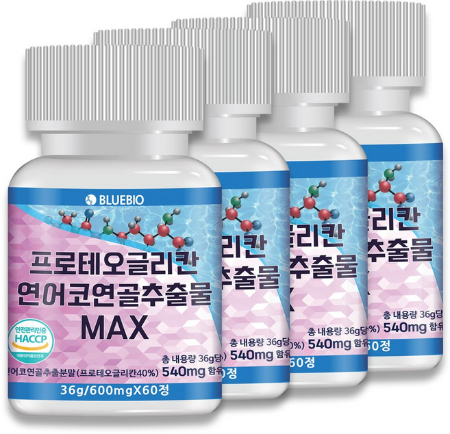 프로테오글리칸 연어코 연골 추출물 MAX 600mg 60정 2형 콜라겐 콘드로이친 글루코사민 류신 함유, 4개