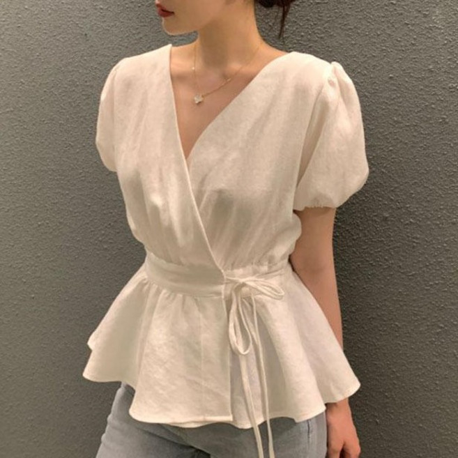 예쁨시전 퍼프 랩 스트랩 브이넥 봄 여름 데일리 반팔 블라우스