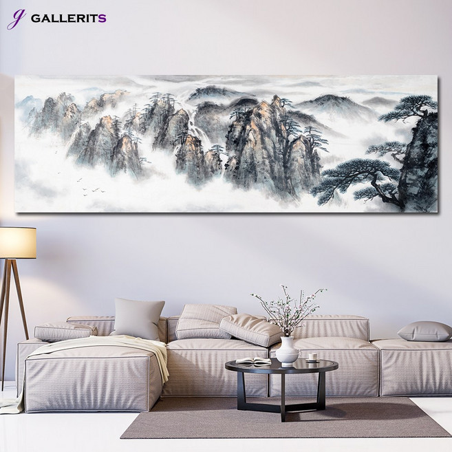 갤러리츠 돈들어오는 배산임수 한국화 산그림 거실 안방 풍수 인테리어, 대형-115x55(가로x세로cm), P107-1-자연 마을 풍경