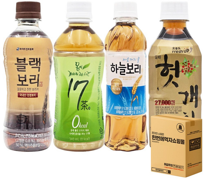 [한번에먹자쇼핑몰] 325~340ml 차 음료 4종 혼합세트 / 하이트진로 블랙보리 5 + 몸이 가벼워지는 시간 17차 5 + 웅진 하늘보리 5 + 일화 헛개차 5 / 총20패트, 340ml