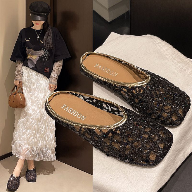 봄 여름 여성 블로퍼 프렌치 스팽글 슬리퍼 메쉬 통기성 블로퍼 데일리 여자 뮬 슬리퍼 CJJ