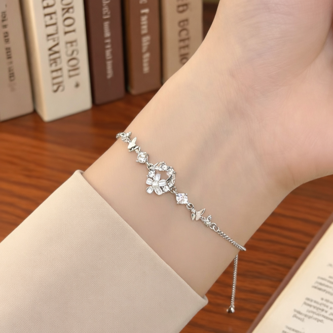 아이루리 나비 꽃 큐빅 드롭 체인 팔찌 써지컬스틸 사이즈 조절 데일리 여리핏 예쁜 악세사리