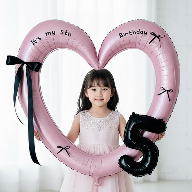 연지마켓 생일 하트프레임풍선 블랙 숫자 생일파티 용품 세트 (자유레터링), 1세트, 핑크하트 숫자 5