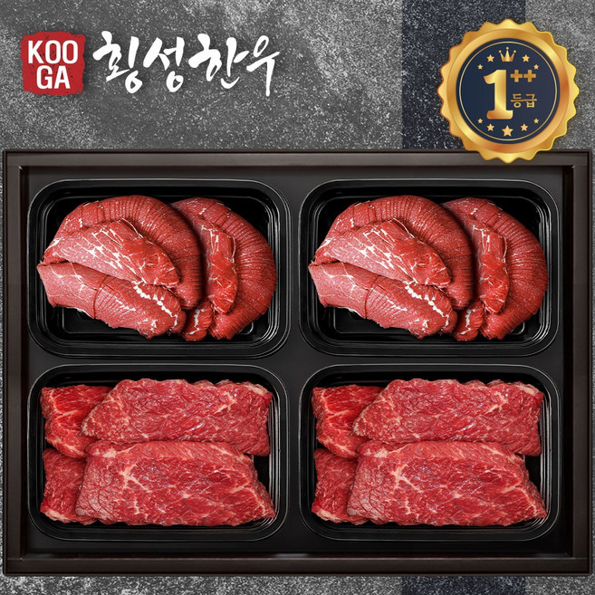 [냉장]쿠가 횡성한우 어사품 1++등급 4구세트 [불고기+불고기+국거리+국거리] 2kg/근내지방도7이상, 불고기2팩+국거리2팩/2kg 투플, 1개