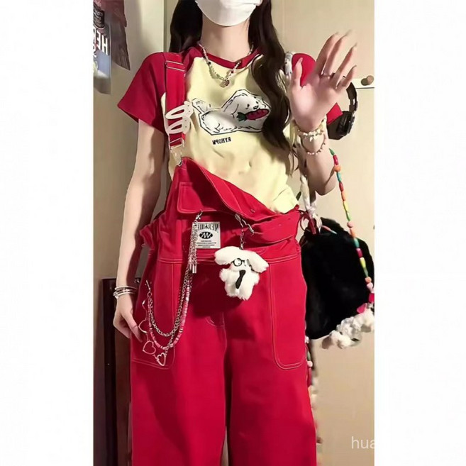 Yellwell 귀여운 캐릭터 포인트 레드 멜빵바지 스트릿 패션 오버올 편안한 캐주얼 팬츠 LST