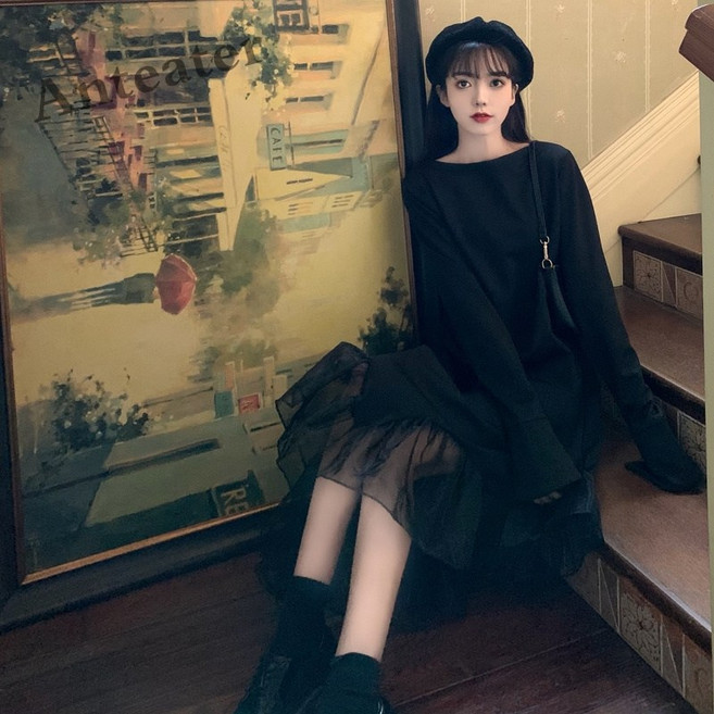 [Anteater]겨울 빅사이즈 귀여운 맨투맨 원피스 여성 망사 프릴레이스 원피스 A9fei1213LYQ3