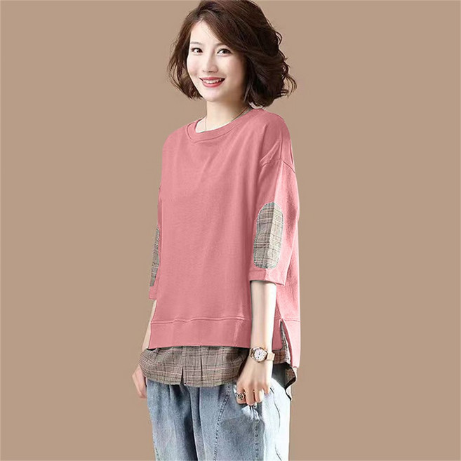 Vezri 중년여성 캐주얼 봄 가을 반팔 루즈핏 티셔츠