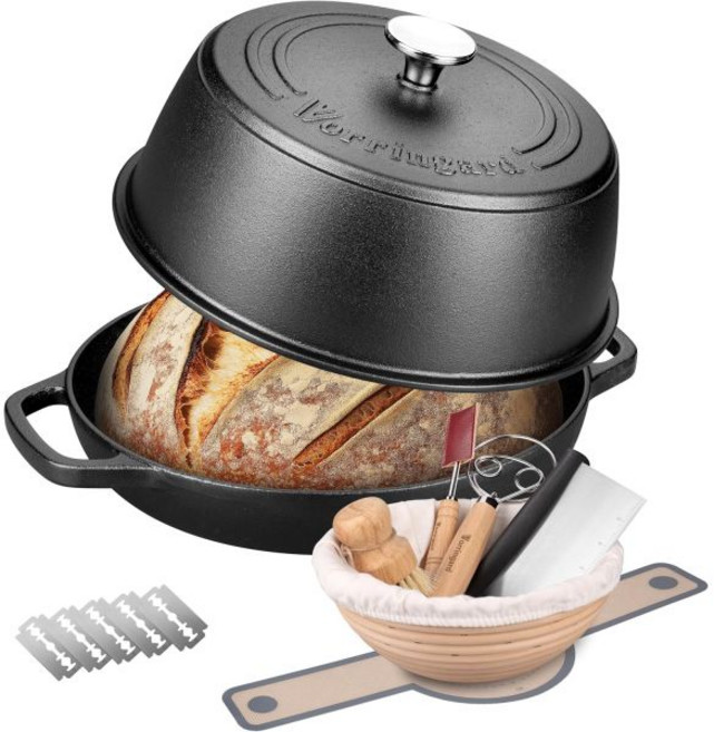 무쇠 더치 오븐 냄비 뚜껑 포함 빵 굽기용 사워도우 발효용 바넷톤 발효 바구니 6쿼트 프리시즌드 VORRNGARD, 무쇠 더치 오븐 냄비 뚜껑 포함 빵 굽기용 사워도우 발, 1개
