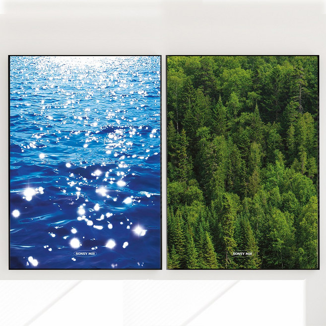 [2장세트]숲 산 숲멍 그린 나무 자연 포레스트 포스터 윤슬 바다 물멍 물결 파도 블루 힐링 그림, 윤슬+포레스트 무드
