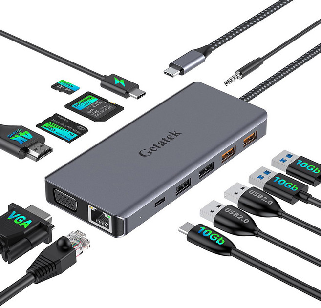 4K 노트북 PD RJ45 HDMI 맥북 충전 Getatek C 허브 100W 프로용 10Gbps 3.2 VGA 13 허브 in 포함 USB 도킹 스테이션, 1개, 1) 13 in 1 USB hub