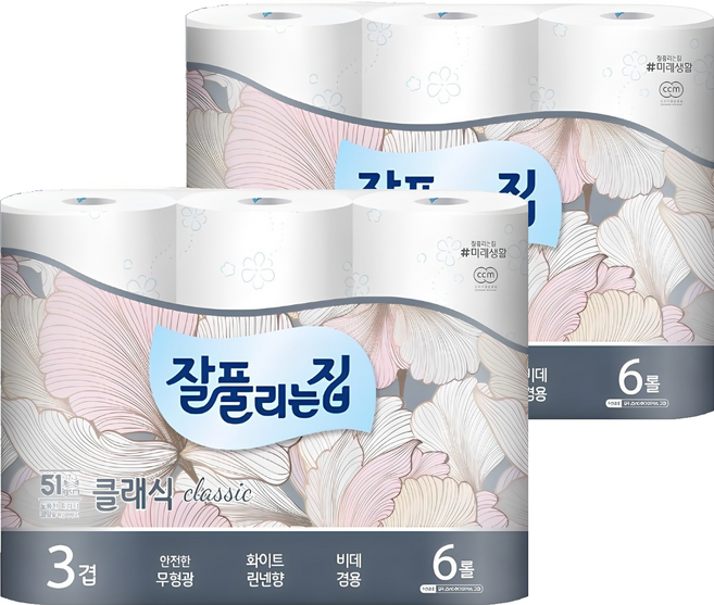 잘풀리는집 클래식 3겹 무형광화장지 25m 6롤 2팩 (12롤), 2개