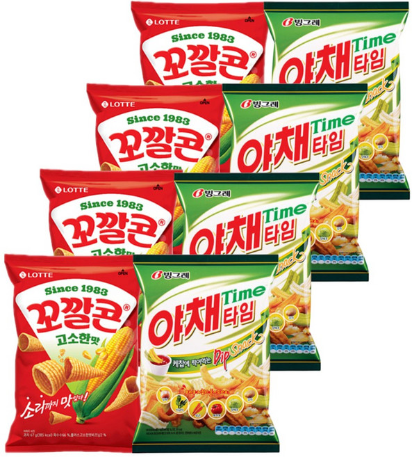 꼬깔콘 고소한맛 67gx4개+야채타임 70gx4개 (총8개) 과자세트, 548g, 1세트