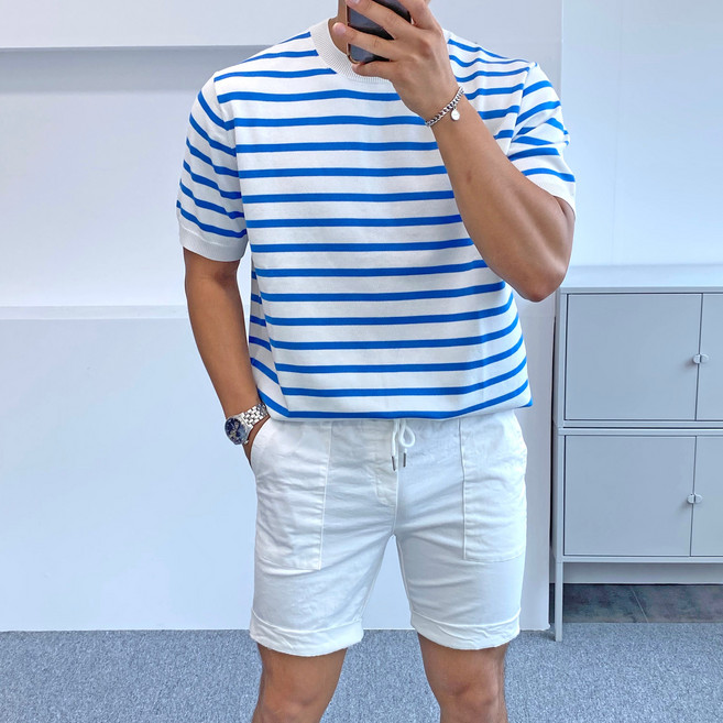 간빠레 썸머 단가라 스트라이프 루즈핏 라운드 니트