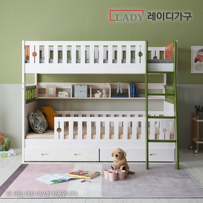 레이디가구 드림 분리형 이층침대 가드 책장, 삼색[화이트워시+그린오렌지포인트]