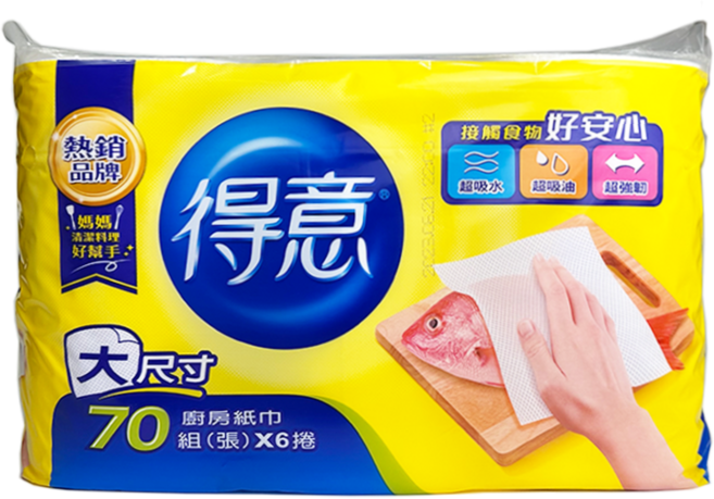 得意廚房紙巾 大尺寸捲筒式 超吸水吸油強韌 原生紙漿製造 48包箱購, 1個, 得意廚房紙巾(1箱48包), 6捲