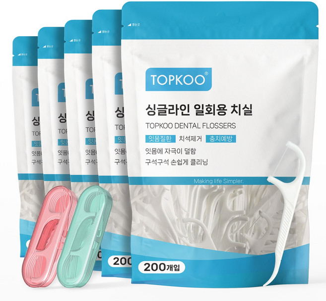탑쿠 싱글라인 일회용 치실, 5개, 200개입