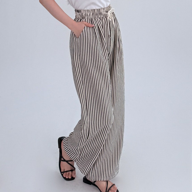 로이 지지미 시어서커 스트라이프 밴딩 와이드 팬츠