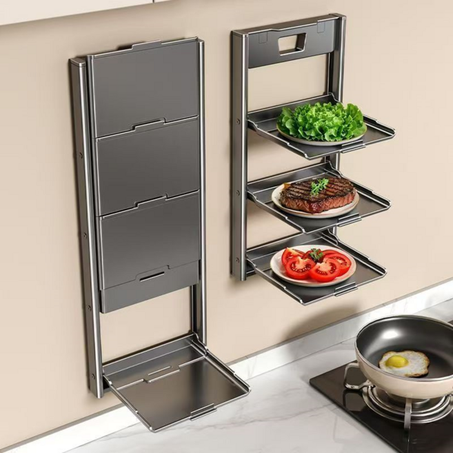 무타공 접시 선반 부억 수납장 음식 대기 선반대 접이식 철제 랙 벽걸이, 그레이, 1개