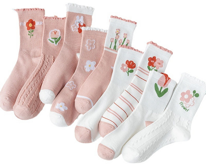 [10개1세트] 보리보리 여성용 귀여운 핑크 화이트 플라워 예쁜 꽃 중목 양말