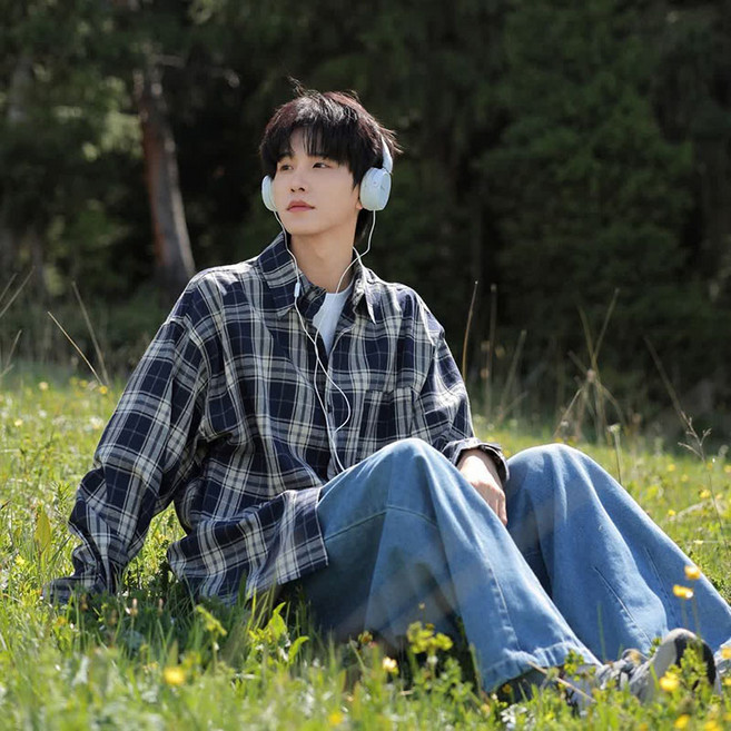 BIKASU 남자 사계절 긴팔 체크 셔츠 빅사이즈 캐주얼 남방 오버핏 난방