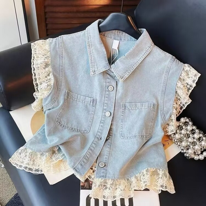 HANLIN 봄 여름 캐주얼 여사 숏 루즈핏 레이스 패치 반팔 청자켓 1E5WR5WE