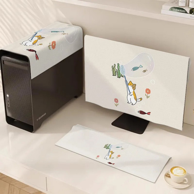 다양ST 에스티 먼지커버 모니터용 + 본체용 + 키보드용 먼지 커버 세트 컴퓨터 데스크톱 먼지 방지 천 보호 3pc, 새끼 고양이가 생선을 잡다