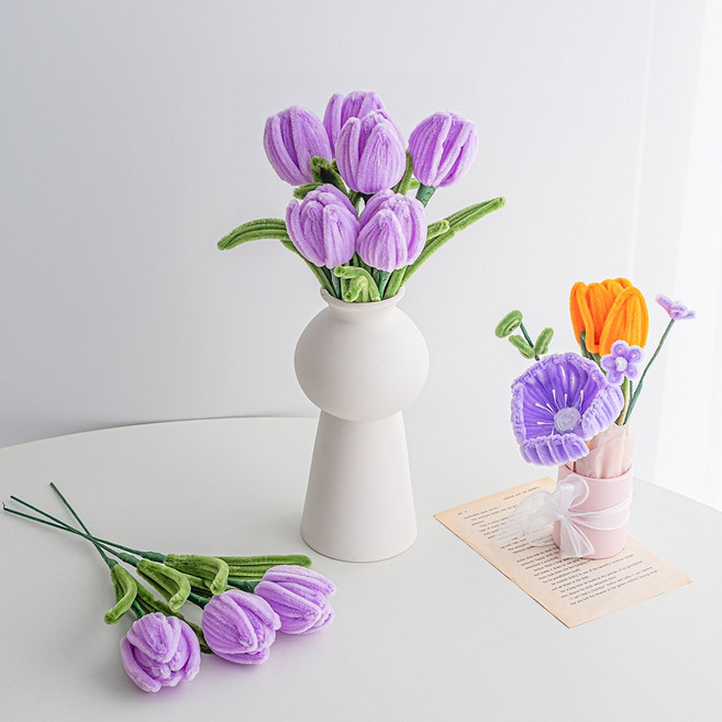 화예원 모루 튤립 완제품 꽃다발 꽃 한송이 조화 졸업식 생일 선물, 10개, 퍼플