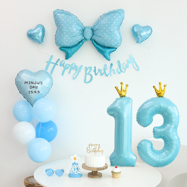 이벤트홀릭 생일가랜드 생일 파티 용품 세트 숫자 리본 하트 풍선 (자유레터링), 숫자풍선 13, 1개, 블루