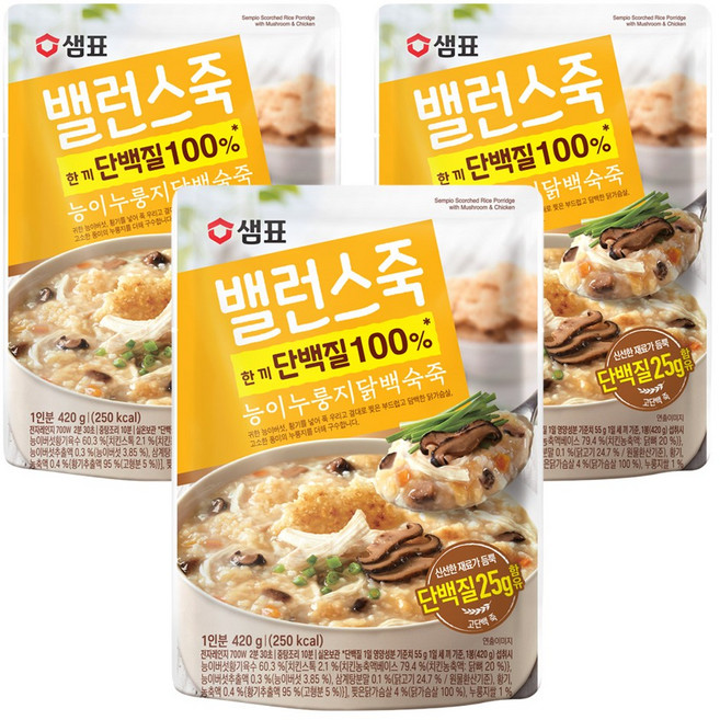샘표 밸런스죽 능이누룽지닭백숙죽, 420g, 3개