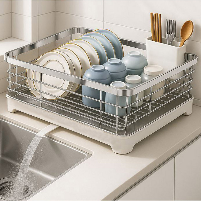 드흐으 4인가족 대용량 올스텐304 자동물빠짐 수저통포함 대형 스텐 식기건조대, 1개, 스테인리스, 1단