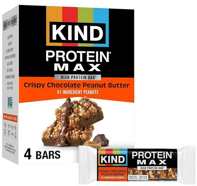 KIND Protein MAX 크리스피 초콜릿 땅콩 버터 스낵 바 단백질 20g 케토 친화적 바 당 설탕 1g 글루텐 프리 4개입 박스, KIND Protein MAX 크리스피 초콜릿 땅콩 버, 50g, 1개