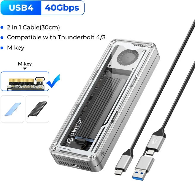ORICO 40Gbps USB4 M.2 SSD 인클로저 8TB(냉각 팬 포함) PCIe4.0 NVME 알루미늄 호환 Thunderbolt 34 for M, 01 8TB Max with Fan