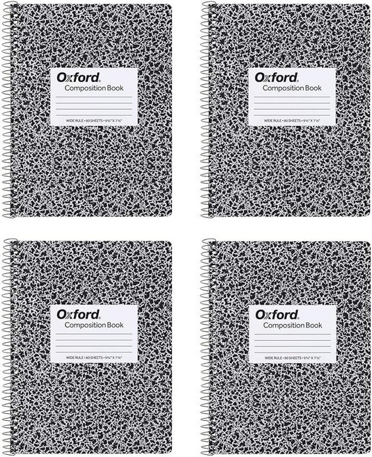 Oxford 나선형 컴포지션 노트 4팩 넓은 유선 종이 24.4 x 19.1cm(9-3/4 x 7-1/2인치) 80장 블랙 마블 커버 (64950), Oxford 나선형 컴포지션 노트, 4팩, 넓은 유선