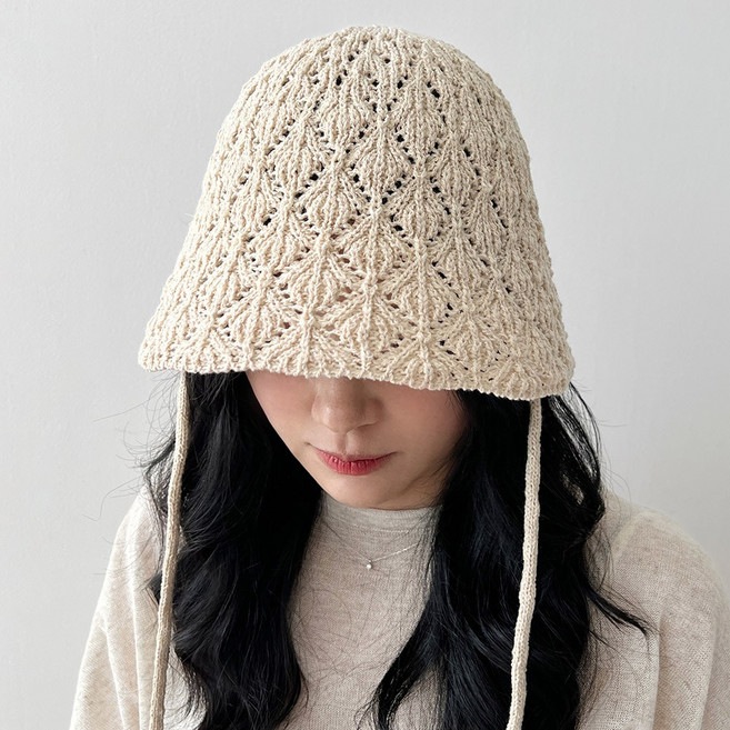 국내생산 크로쉐 슬라브 린넨 버킷햇 펀칭 짜임 턱끈 여름 니트 벙거지