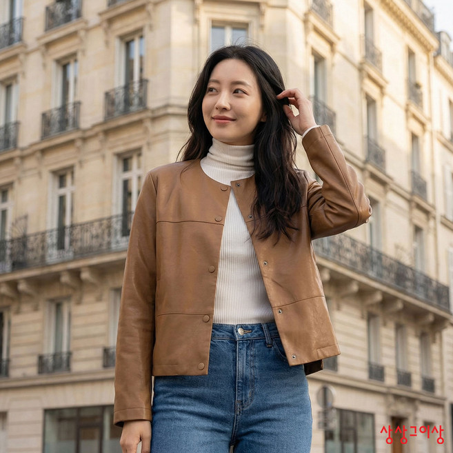 상상그이상 여성용 미니 가죽자켓 노카라 라운드넥 소프트 레더 크롭 라이더 레이어드 색감이 예쁜 후드티 코디 간절기 5컬러 슬림핏 포켓 데일리 코디룩