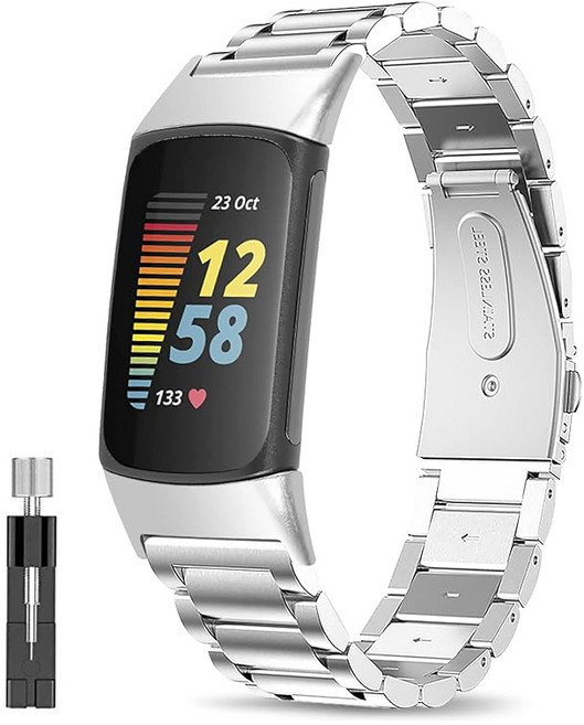 밴드 Compatible for Fitbit Charge 6/Charge 5 금속 스테인레스 스틸 교체 스트랩 교환 벨트 (실버)