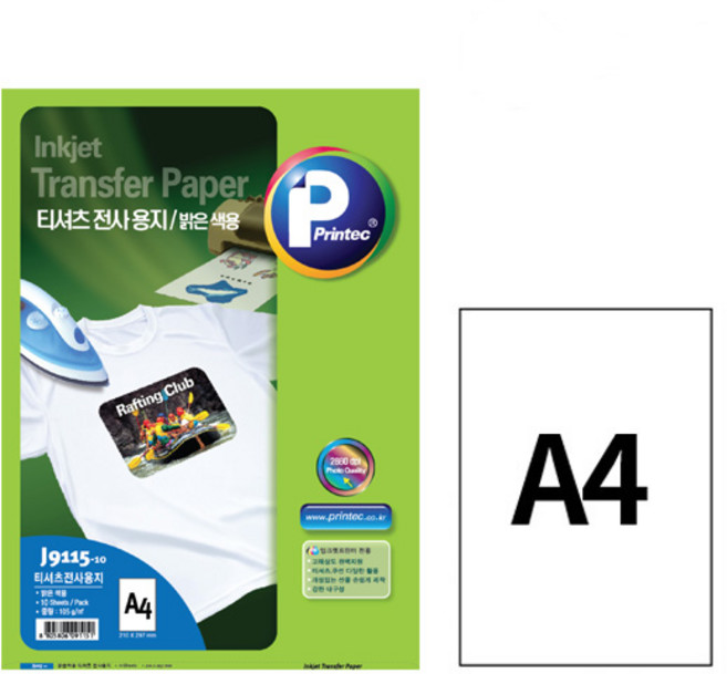 [프린텍] 페이퍼 ( J9115 ) 밝은색용 전사용지 116g A4, 10매, 1개