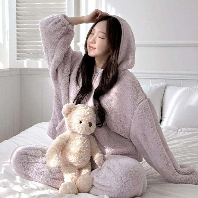 리아모르 여성 기모 후드 극세사 겨울 잠옷 파자마 세트