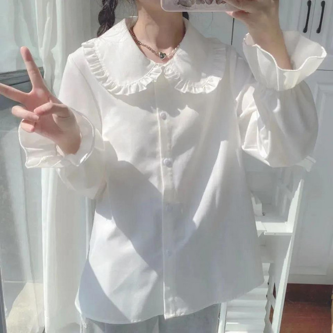 長袖襯衫 娃娃領長袖襯衫 軟妹可愛少女學生寬鬆內搭上衣