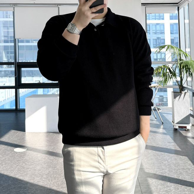 룩플레인 국내생산 세련된 맨투맨 니트 카라 티셔츠 10color