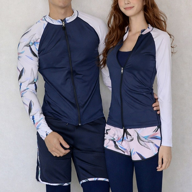 커먼식스 커플 네이비 래쉬가드 세트 남녀 남자 여자 상의 하의 빅사이즈 수영복 레쉬가드 집업 C-02, 여성