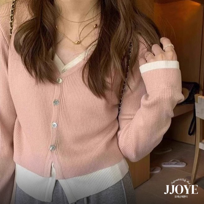 쪼예 레이어드 일체형 브이넥 배색 니트 세미크롭 긴팔 가디건