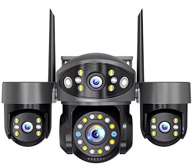 三鏡頭 6MP 全彩 旋轉 監視器，支援 WiFi / 有線連接，人形追蹤，雙向語音，IP65 防水, 1個, 三畫面同屏看-戶外監視器-WiFi版,（加128G記憶卡）