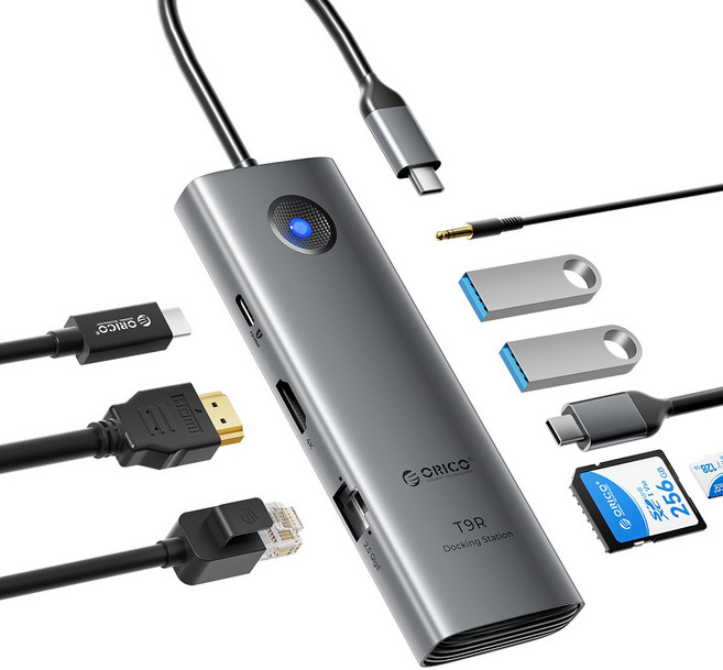 오리코 9 in 1 C타입 3.5mm 오디오 SD/TF 슬롯 HDMI 4K@60Hz RJ45 USB허브 도킹스테이션 T9R, 그레이, 1개